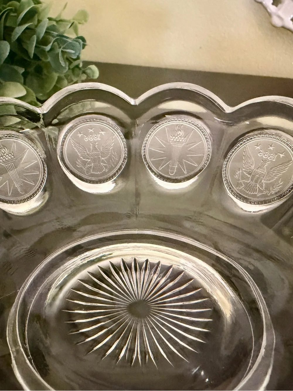 FOSTORIA, COIN GLASS, NAPPY BOWL WITH A FROSTED, PRESSED GLASS COIN MOTIF